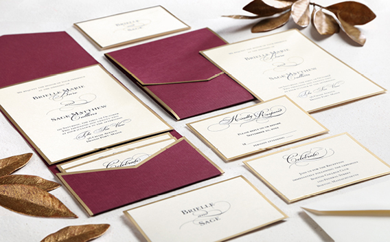 Carlson Craft Wedding Invitation Ensembles - Burgundy with gold frame.