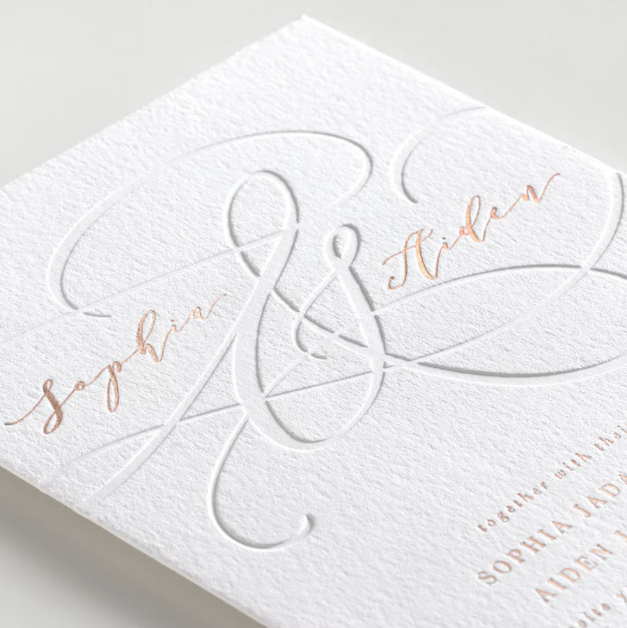 Paper: Fluorescent White 100% Cotton 220 lb. Rose Gold Foil and Debossed Letterpress.