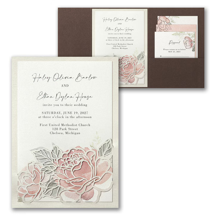 Wedding guests will be captivated by the lavishness of this pocket wedding invitation. A laser-cut layer accents the beautiful pastel blossoms of this romantic wedding invitation, embracing them with a gentle touch. The laser-cut backer acts in harmony with the invitation, adding depth that turns the watercolor-like floral design into a beautiful work of art.