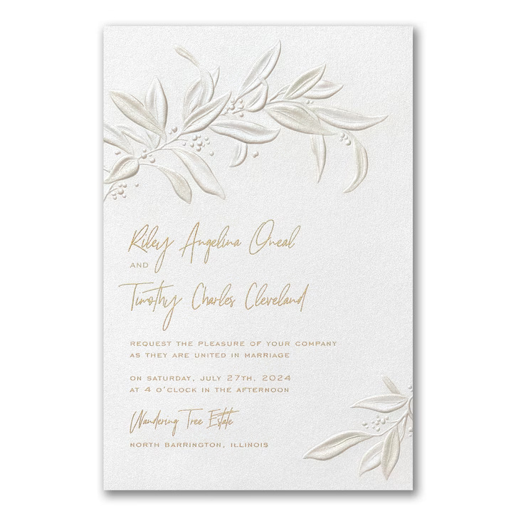 A perfect balance of modern design and classical beauty, this wedding invitation features pearlized foil embossed within a greenery design on shimmering paper.