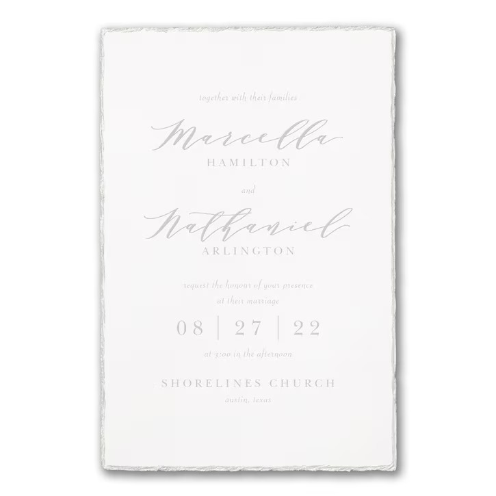 A pearl feather deckle edge decorates this classic wedding invitation and adds a unique touch to your names and wording.