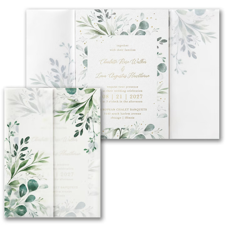 Add a touch of mystery to your wedding invitations by veiling them in a translucent wrap decorated with a refreshing greenery design. As guests fold back the wrap, they'll find an invitation that's the perfect blend of modernity and natural beauty, with the same watercolor greenery trimmed in gleaming foil. The design repeats on the back, minus the foil, to frame the couple's personalization.