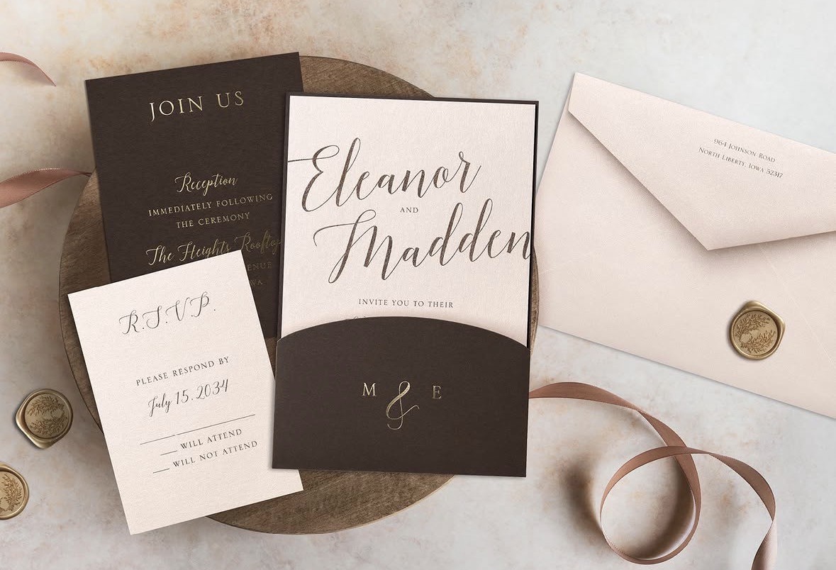 Eleanor and Madden Cream and Brown Invitation Suite.